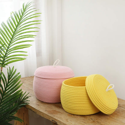 Round Woven Cotton Rope Storage Basket with Lid, Khaki