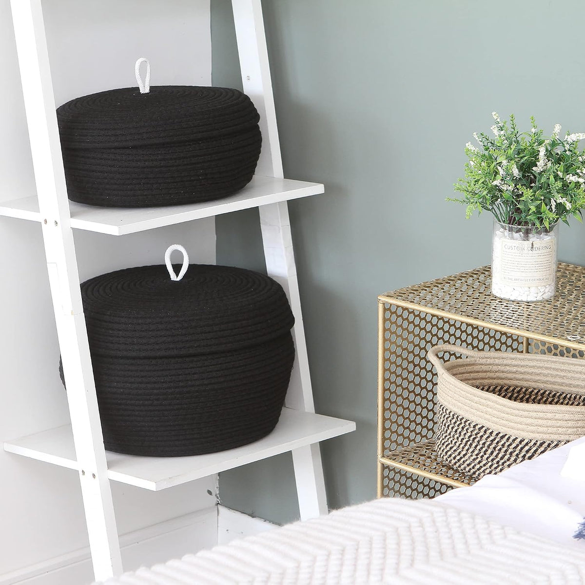 Round Woven Cotton Rope Storage Basket with Lid, Khaki