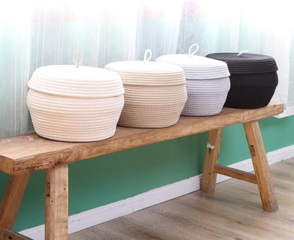 Round Woven Cotton Rope Storage Basket with Lid, Khaki