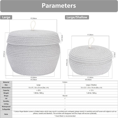 Round Woven Cotton Rope Storage Basket with Lid, Khaki