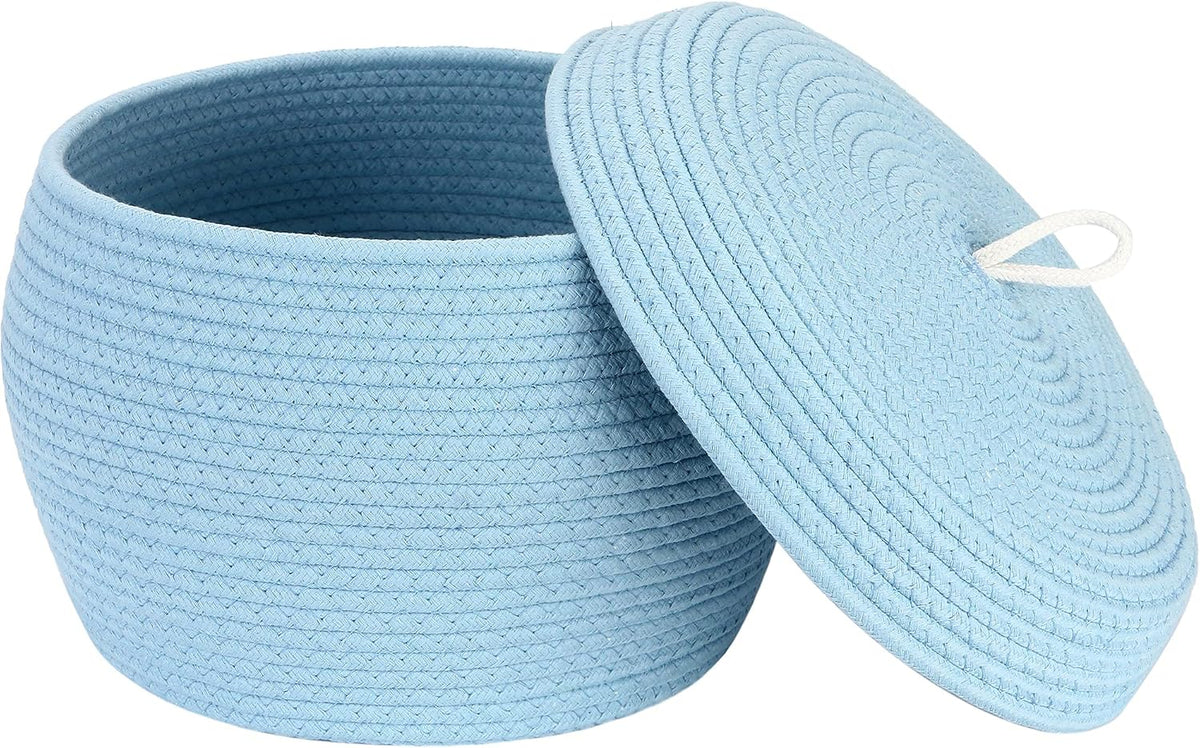 Round Woven Cotton Rope Storage Basket with Lid, Khaki