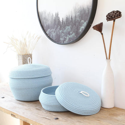 Round Woven Cotton Rope Storage Basket with Lid, Khaki