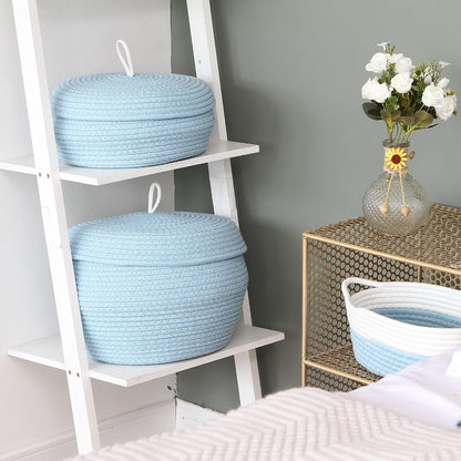 Round Woven Cotton Rope Storage Basket with Lid, Khaki