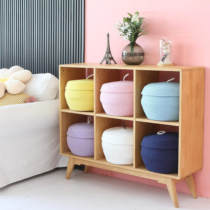 Round Woven Cotton Rope Storage Basket with Lid, Khaki