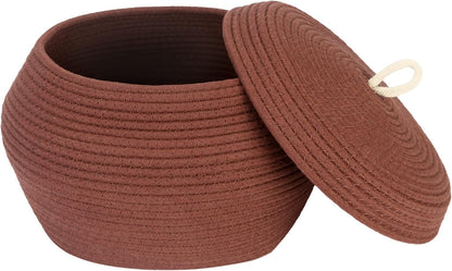 Round Woven Cotton Rope Storage Basket with Lid, Khaki