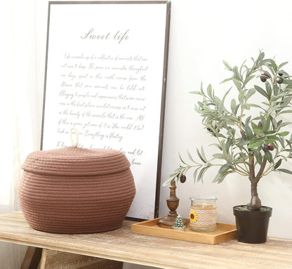 Round Woven Cotton Rope Storage Basket with Lid, Khaki