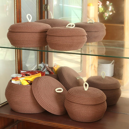 Round Woven Cotton Rope Storage Basket with Lid, Khaki