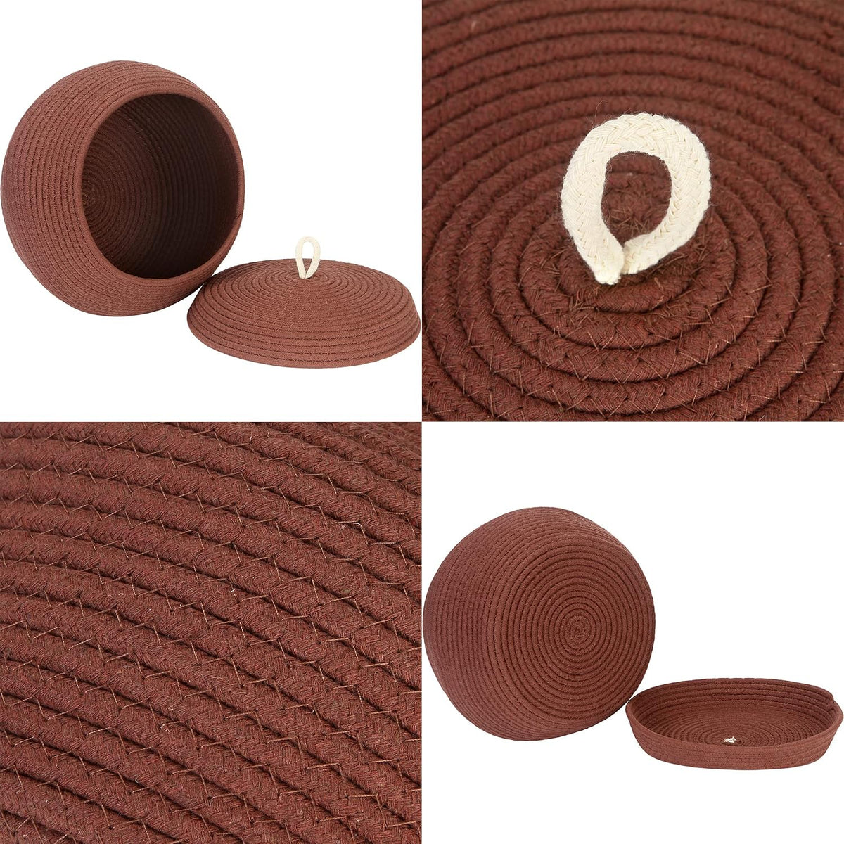 Round Woven Cotton Rope Storage Basket with Lid, Khaki