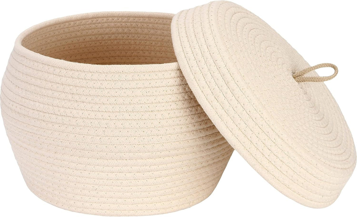 Round Woven Cotton Rope Storage Basket with Lid, Khaki