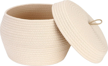 Round Woven Cotton Rope Storage Basket with Lid, Khaki