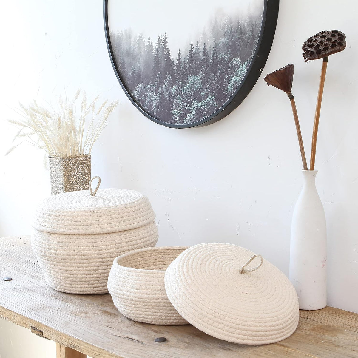 Round Woven Cotton Rope Storage Basket with Lid, Khaki