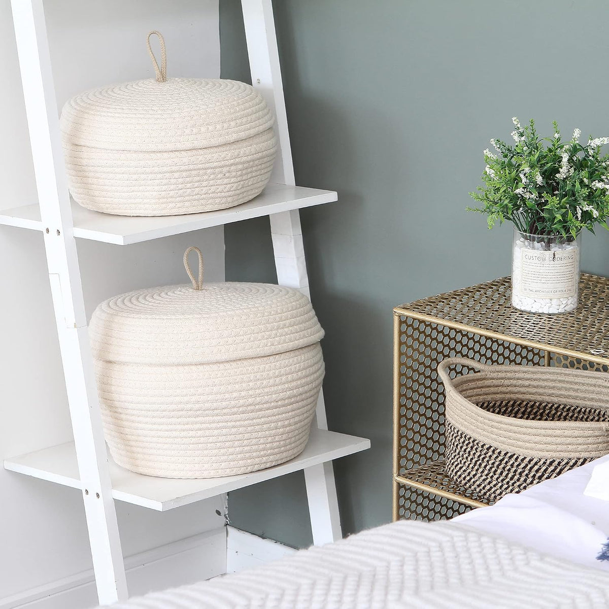 Round Woven Cotton Rope Storage Basket with Lid, Khaki