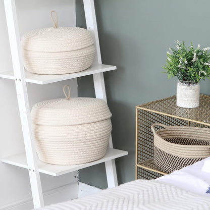 Round Woven Cotton Rope Storage Basket with Lid, Khaki
