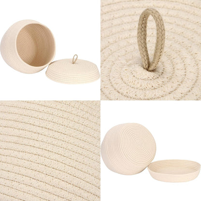Round Woven Cotton Rope Storage Basket with Lid, Khaki