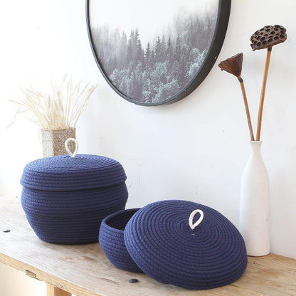 Round Woven Cotton Rope Storage Basket with Lid, Khaki