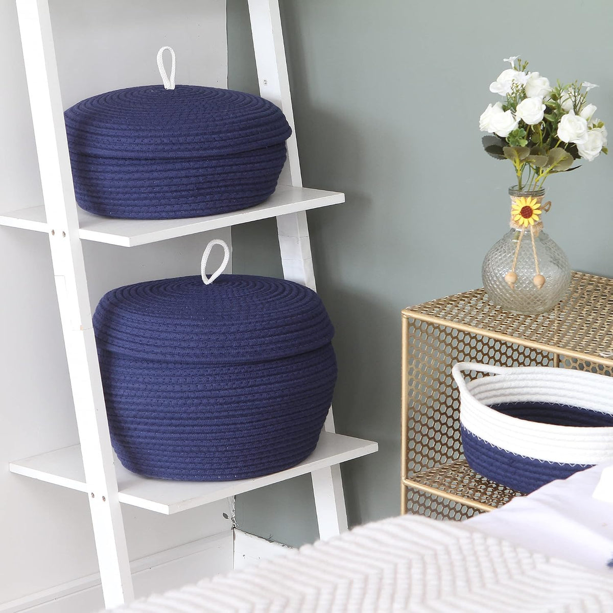 Round Woven Cotton Rope Storage Basket with Lid, Khaki