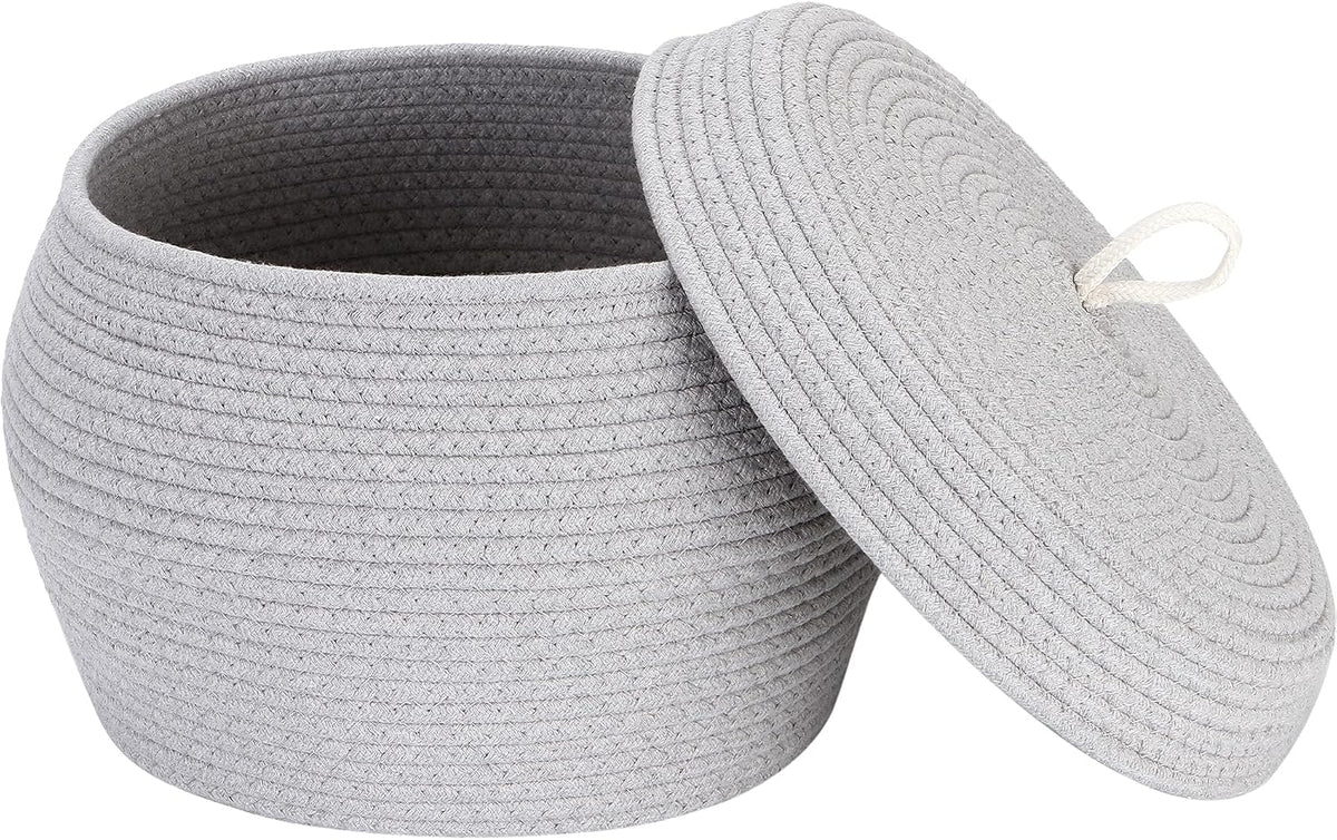 Round Woven Cotton Rope Storage Basket with Lid, Khaki