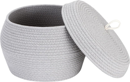 Round Woven Cotton Rope Storage Basket with Lid, Khaki