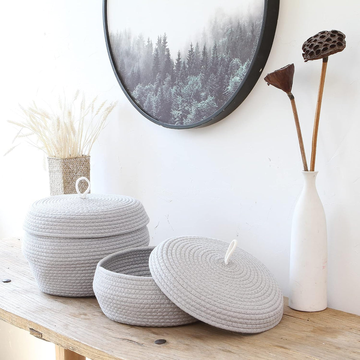 Round Woven Cotton Rope Storage Basket with Lid, Khaki