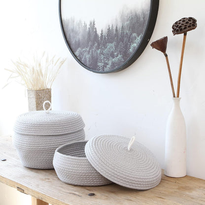 Round Woven Cotton Rope Storage Basket with Lid, Khaki