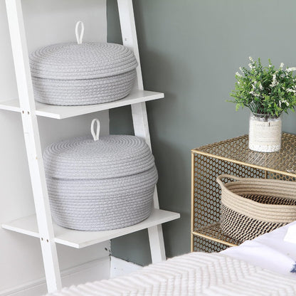 Round Woven Cotton Rope Storage Basket with Lid, Khaki