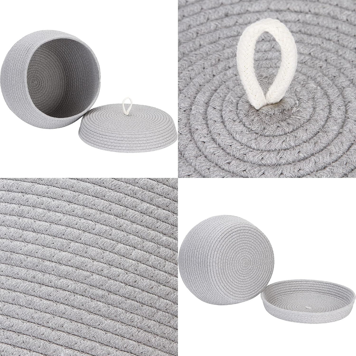 Round Woven Cotton Rope Storage Basket with Lid, Khaki