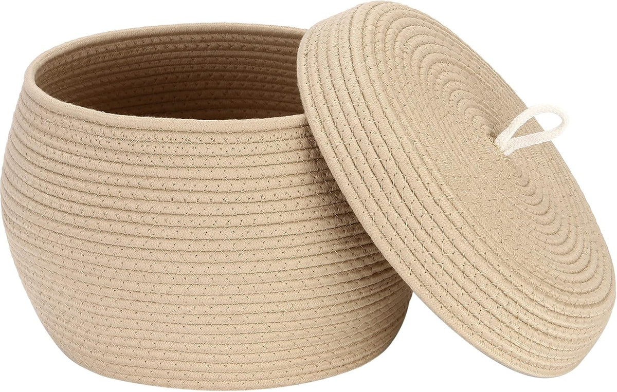 Round Woven Cotton Rope Storage Basket with Lid, Khaki