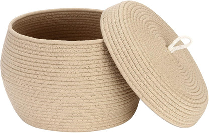 Round Woven Cotton Rope Storage Basket with Lid, Khaki