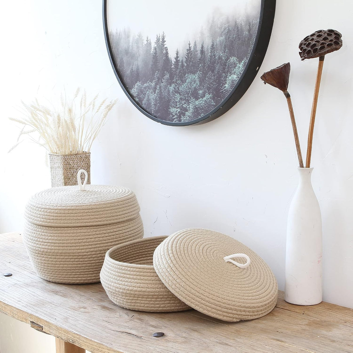 Round Woven Cotton Rope Storage Basket with Lid, Khaki