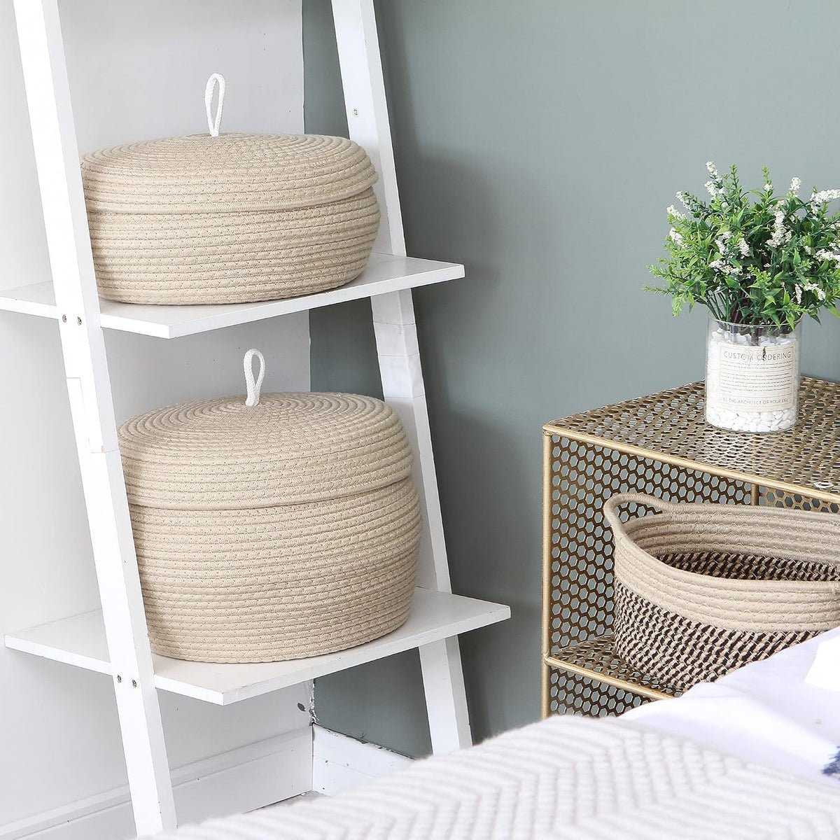 Round Woven Cotton Rope Storage Basket with Lid, Khaki