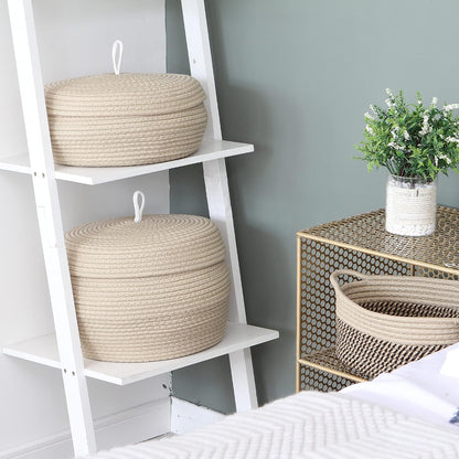 Round Woven Cotton Rope Storage Basket with Lid, Khaki