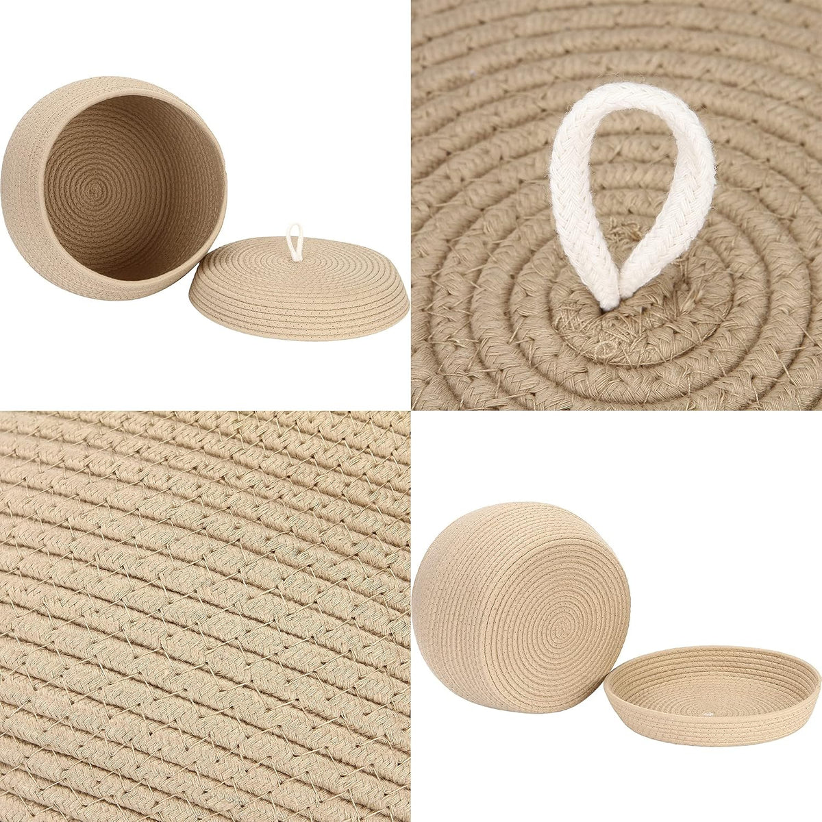 Round Woven Cotton Rope Storage Basket with Lid, Khaki