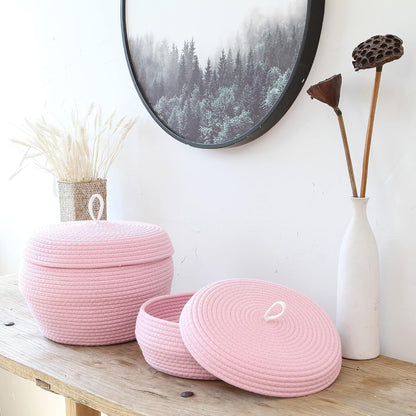 Round Woven Cotton Rope Storage Basket with Lid, Khaki