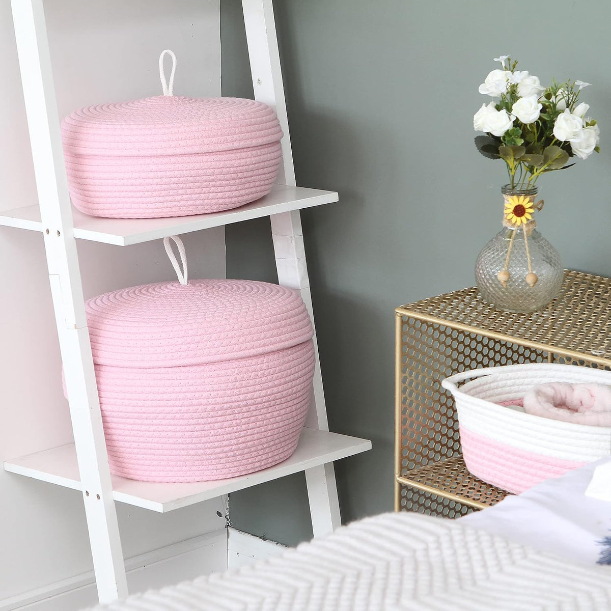 Round Woven Cotton Rope Storage Basket with Lid, Khaki