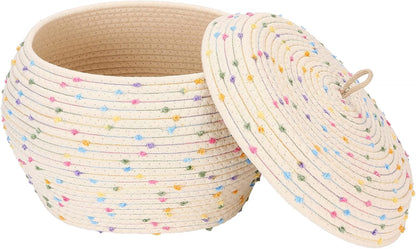 Round Woven Cotton Rope Storage Basket with Lid, Khaki