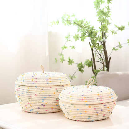 Round Woven Cotton Rope Storage Basket with Lid, Khaki