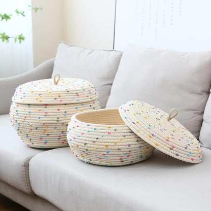 Round Woven Cotton Rope Storage Basket with Lid, Khaki