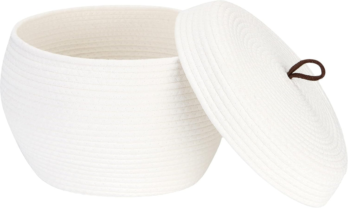 Round Woven Cotton Rope Storage Basket with Lid, Khaki