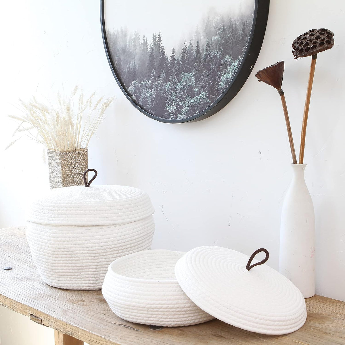 Round Woven Cotton Rope Storage Basket with Lid, Khaki