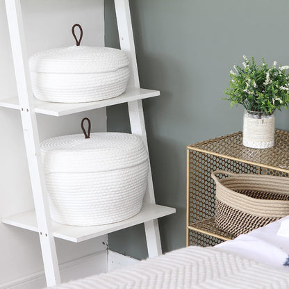 Round Woven Cotton Rope Storage Basket with Lid, Khaki