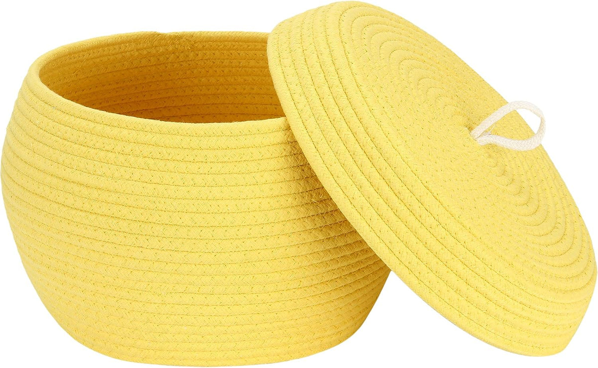 Round Woven Cotton Rope Storage Basket with Lid, Khaki