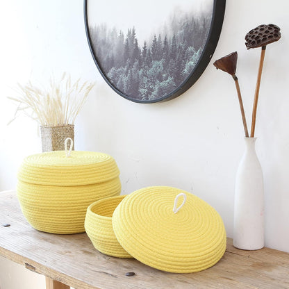 Round Woven Cotton Rope Storage Basket with Lid, Khaki