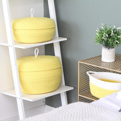 Round Woven Cotton Rope Storage Basket with Lid, Khaki