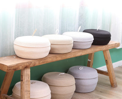 Round Woven Cotton Rope Storage Basket with Lid, Khaki