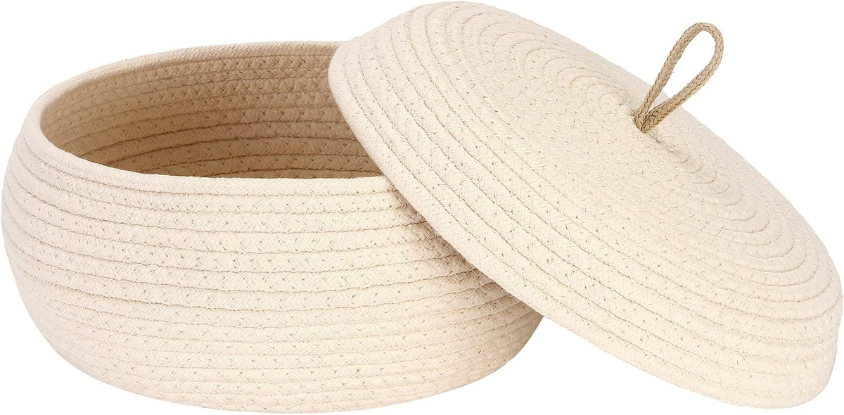 Round Woven Cotton Rope Storage Basket with Lid, Khaki