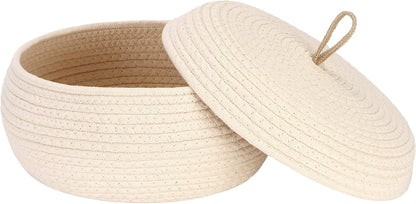 Round Woven Cotton Rope Storage Basket with Lid, Khaki