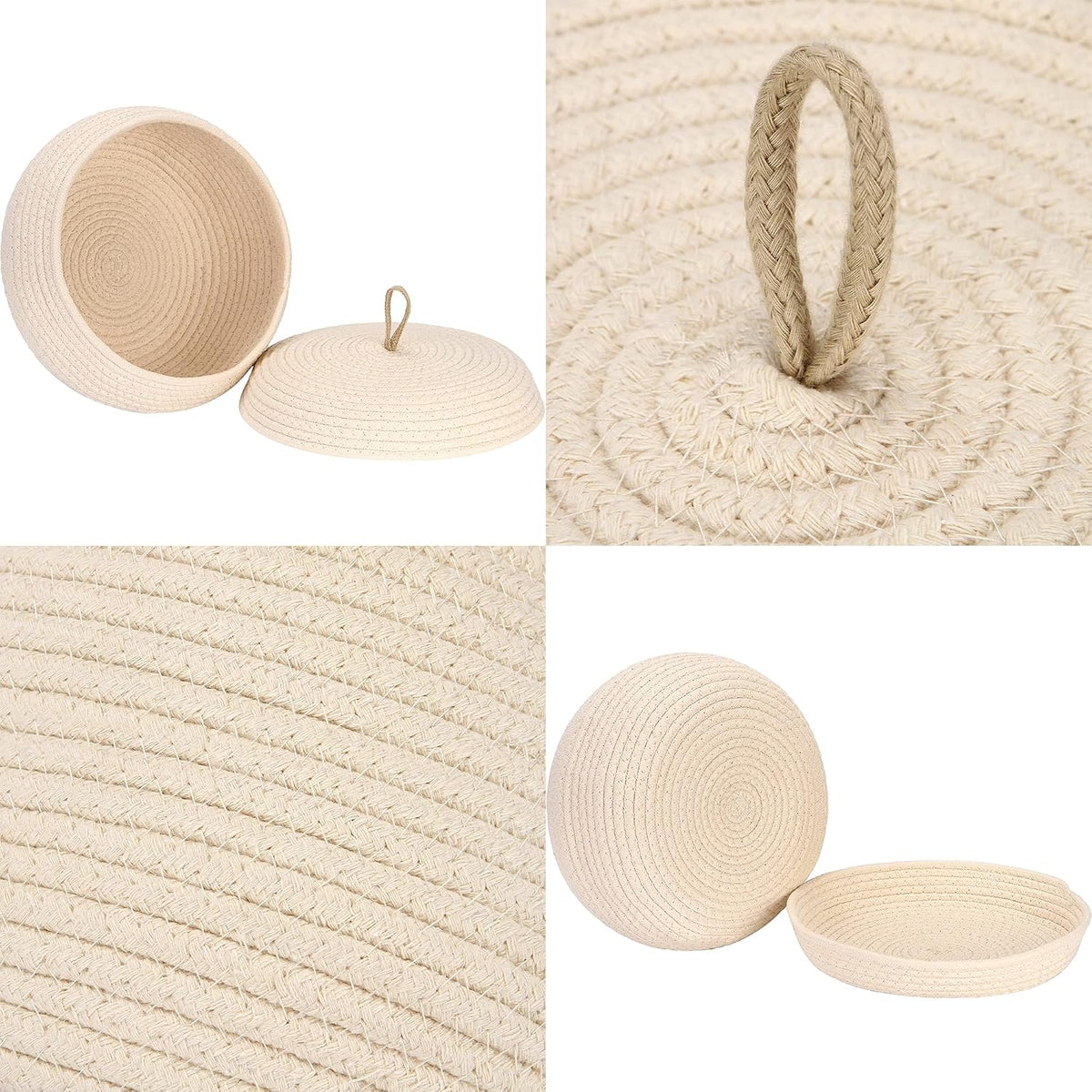 Round Woven Cotton Rope Storage Basket with Lid, Khaki