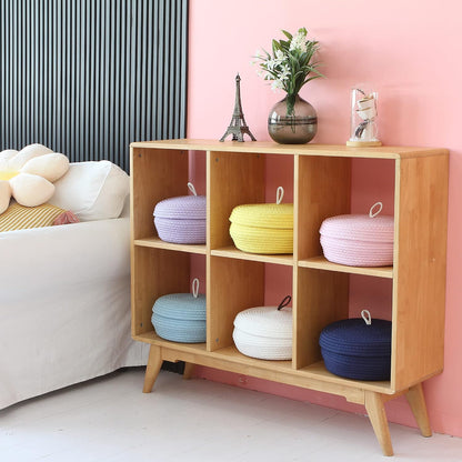 Round Woven Cotton Rope Storage Basket with Lid, Khaki