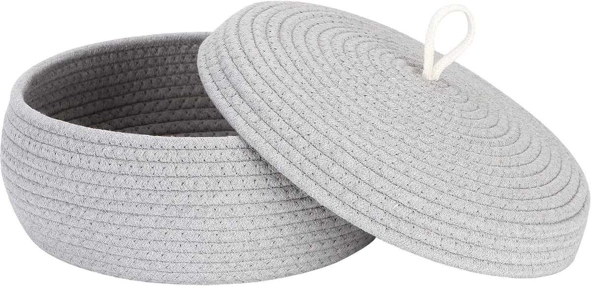 Round Woven Cotton Rope Storage Basket with Lid, Khaki