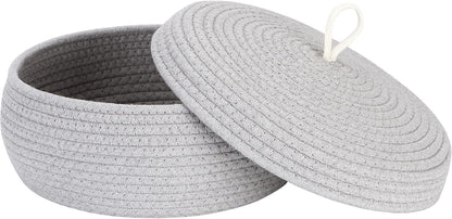 Round Woven Cotton Rope Storage Basket with Lid, Khaki